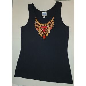 DG2 Diane Gilman Women's Tank Top Black Red & Beige Wooden Beading Size M